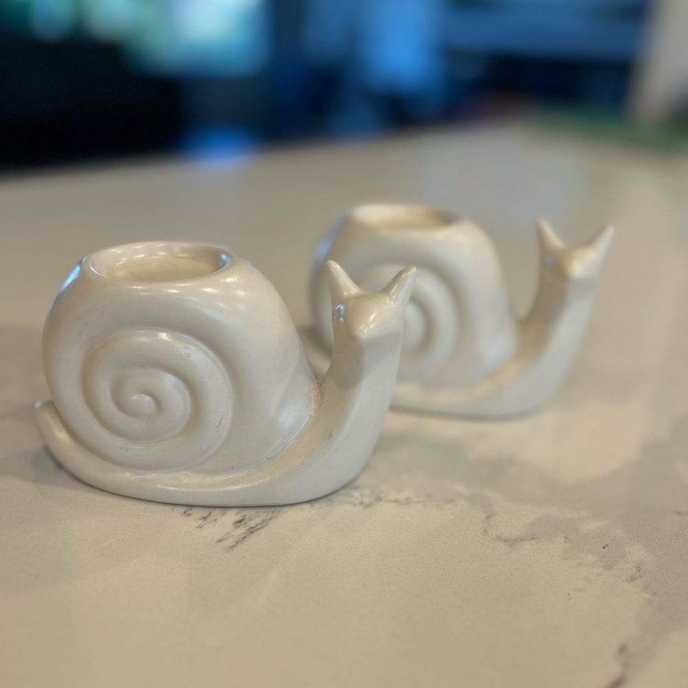 Two White Ceramic Snail Tea Light Candle Holders